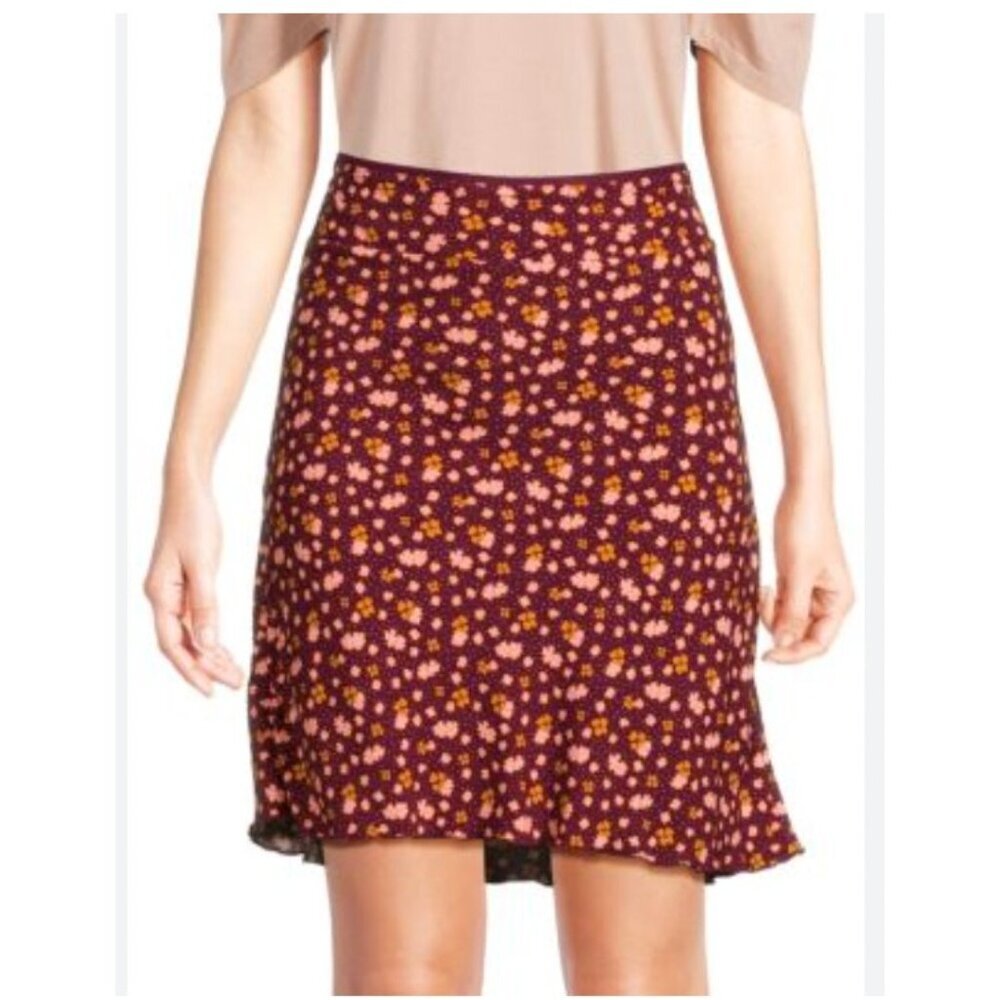Free People IRL Skirt Womens 2 Red Floral Knit Ruffle Hem Stretch Casual